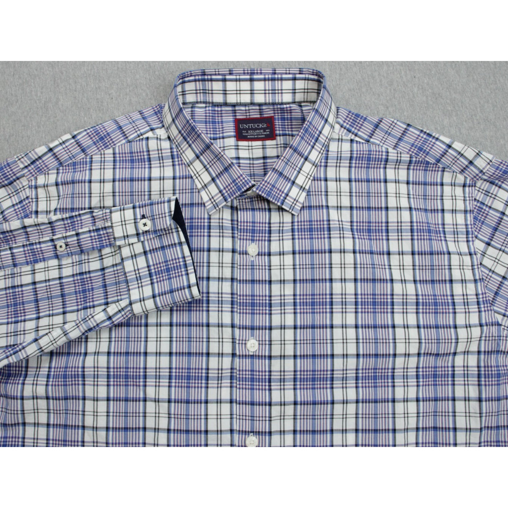 UNTUCKit Shirt Mens 2XL Blue Plaid Cotton Blend Classic Casual Button Up